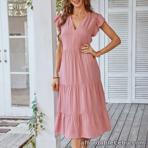 1st picture of Women's V-Neck Flowing Sleeves A-Line Dress Stylish Casual Midi Sundress Skin For Sale in Cebu, Philippines