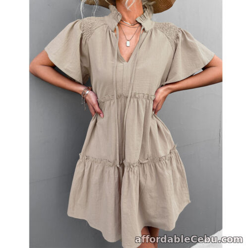 1st picture of (L-Apricot) Summer Dress Women's Tunic V Neck Knee Length High Waist A For Sale in Cebu, Philippines