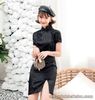 New Luxurious Satin Chinese Black Floral Short Dress Cheongsam Qipao lcdress172