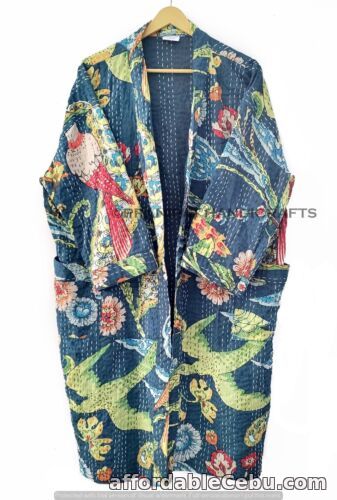 1st picture of Indian Women Peacock Blue Kantha Quilted boho Jacket Front Open Wear Mid-length For Sale in Cebu, Philippines