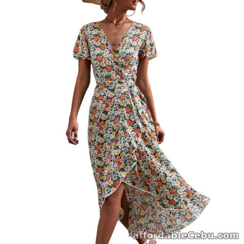 1st picture of AXOC Women Floral Print Long Dress V Neck Irregular Floral Print Wrap Dress For Sale in Cebu, Philippines