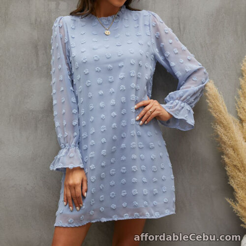 1st picture of (M-Light Blue)Women Casual Loose Jacquard Dress Casual Puff Sleeve Dress For Sale in Cebu, Philippines