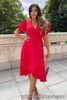 AX Paris Bright Red Puff Sleeve Wrap Over Midi Occasion Dress Size 10 38 V-Neck