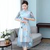 Chinese Women Lace Cheongsam Dress Sheer Embroidery Mesh Spliced Elegant Party