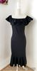 New Collection Off Shoulder Ruffle Hem Midi Dress in Black, Size L, UK 12-14