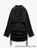 ZARA LADIES BLACK SATIN SHIRT DRESS RUCHED SIDES - SZ M (UK 10-12) NEW WITH TAGS