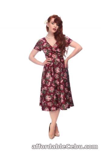 1st picture of COLLECTIF VINTAGE MARIA SWING DRESS UK 8 1950S BURGUNDY BLOOM For Sale in Cebu, Philippines
