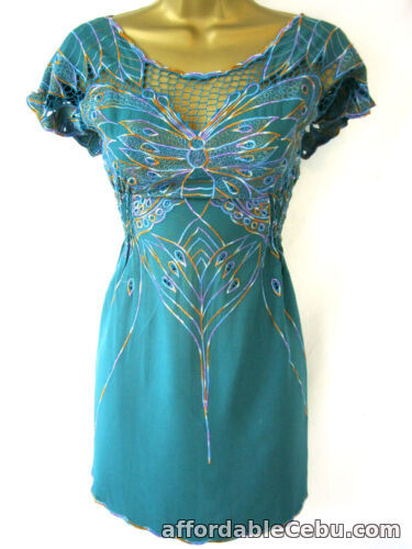 1st picture of Sugarhill Boutique England UK XS / 8 Teal Rainbow Butterfly Dress Hand Printed For Sale in Cebu, Philippines