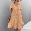 Dress With V-neck Short-sleeved Breathable Floral Dress Yellow L