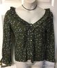 ladies blouse green floral Size 10/12 Pearl Button Long Sleeve Frill Neckline