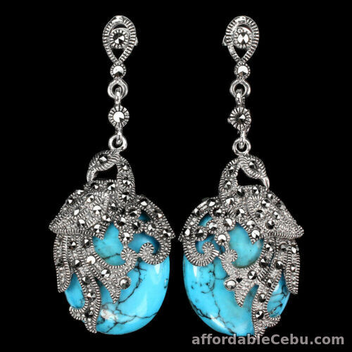 1st picture of Natural Blue TURQUOISE Marcasite 925 Silver PEACOCK EARRINGS Bold ChUnKY 23x19mm For Sale in Cebu, Philippines