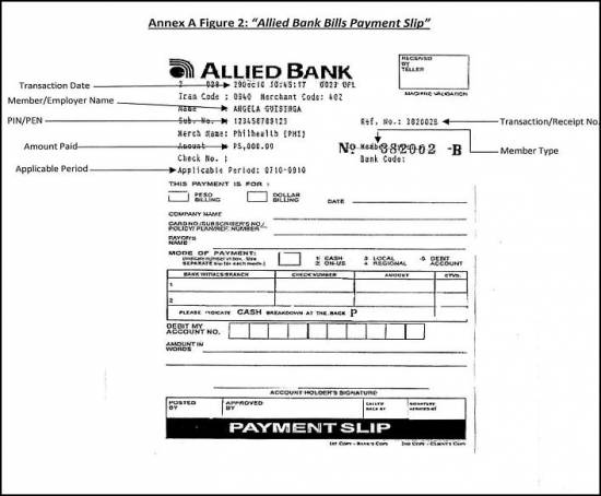 Picture of Allied Bank Bills Payment Slip as proof of PhilHealth premium payment